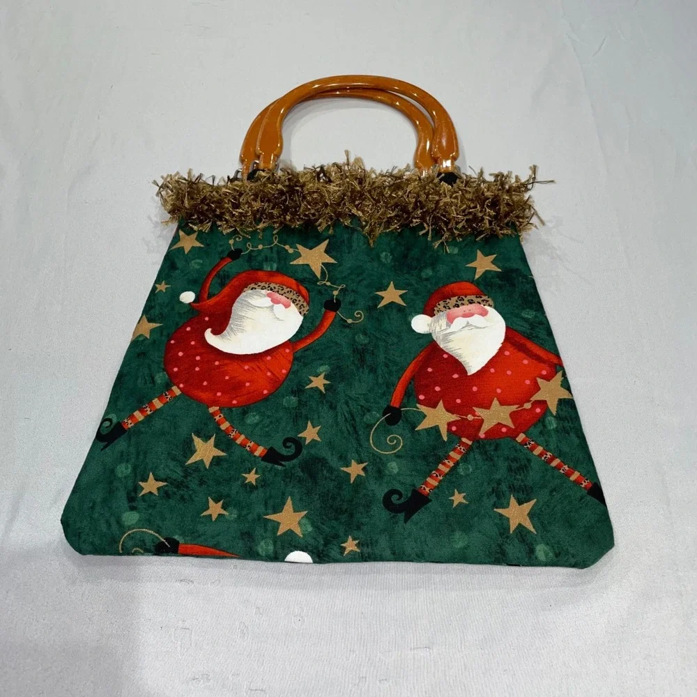 Christmas Santa Claus Wooden Handle Tote Bag Green Gold Tinsel Holiday Handbag